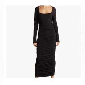 NEW Good American Black Ruched Maxi Dress Long Sleeved Square Neck Size Small 1
